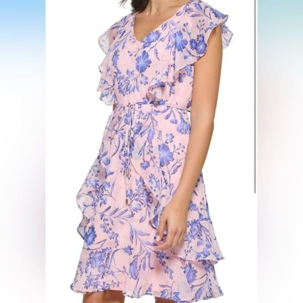 Tommy Hilfiger Women’s Floral Ruffle Dress in Pink and Blue, Sz 0P